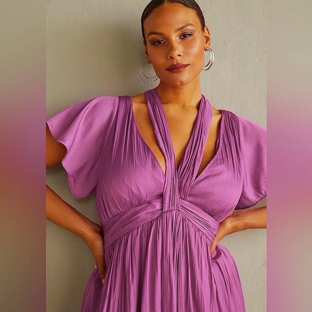 NWT! Anthropologie Fall Wedding Guest Silky Purple V-Neck Tie Midi Dress Size 12